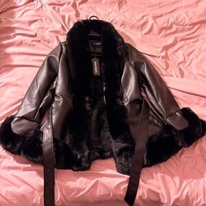 Elegant Black Faux Fur Leather Jacket